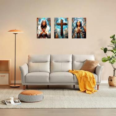 Imagem de 1 conjunto/3 peças arte de parede tríptico religioso - Jesus, cruz e maria em estilo mosaico colorido, 20 x 30 cm, sem moldura