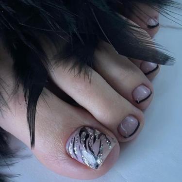 Imagem de Unhas postiças curtas francesas pretas falsas com design de glitter cola acrílica nas unhas dos pés para mulheres, cobertura total, artificial, palito falso no dedo do pé para uso diário, casamento