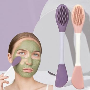 Imagem de Pacote com 2 pincéis de máscara facial de ponta dupla, aplicador de silicone, pincel de beleza reutilizável macio para spa doméstico (rosa, roxo)