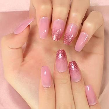 Imagem de Unhas postiças quadradas médias de 24 peças - Unhas postiças em forma de caixão com glitter com abas de cola - Unha artificial rosa brilhante para todos os dias