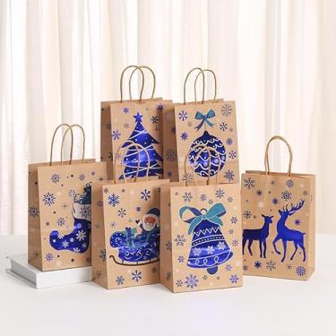 Imagem de Pacote com 8 sacos de papel kraft para presente de Natal, 21 x 15 x 8 cm com alças, adequado para sacolas de presente de férias, reutilizáveis