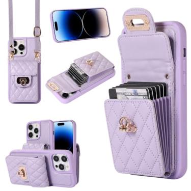 Imagem de Capa de couro com alça de ombro crossbody para iPhone 14 13 12 11 15 Pro Max XS XR 8 7 Plus SE20 Capa carteira clássica de treliça, roxa, para iPhone 7plus 8plus