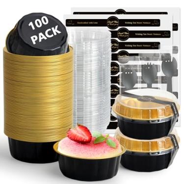 Imagem de Ruckae 100 peças de mini formas redondas de 227 g com tampas, mini formas de pão com tampas, copos descartáveis de ramequins de alumínio para festa de aniversário, casamentos (ouro preto, 227 g)