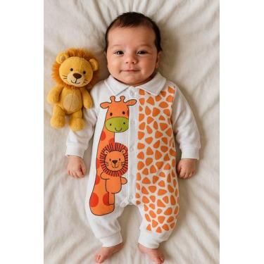 Imagem de Macacão de Bebê Vira Pé Safari Menino Ou Menina Manga Longa Tam RN a 0