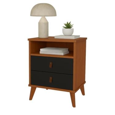 Imagem de Mesa de Cabeceira 2 Gavetas com Nicho e Puxadores de Couro - Design Sofisticado(CEDRO/PRETO)