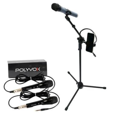 Imagem de Kit Pedestal Tripé +Suporte p/ Celular+2 Microfones com Fio - Polyvox