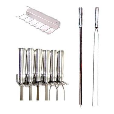 Imagem de Kit 6 Espetos Em Inox Simples E Duplo + Porta Espeto 44cm - Plenitude