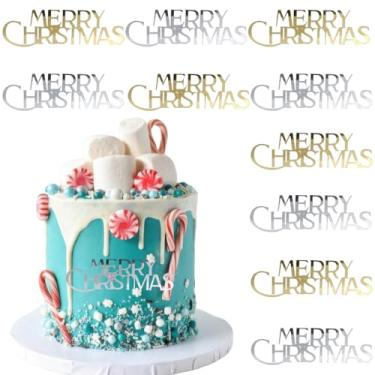 Imagem de 10 peças de topo de bolo de Natal espelho acrílico enfeite de cupcake escolhas de feliz Natal decorações de bolo para decoração de sobremesa de festa de Natal inverno DIY (ouro prata)