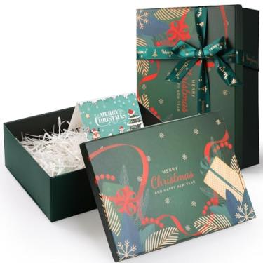Imagem de Joogee Caixas de presente de Natal com laço e enchimento de papel desfiado, caixa de presente de Natal de papelão de 29 x 20 x 10 cm com tampa, cartão em branco para decoração de festa de Natal