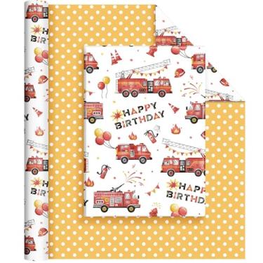 Imagem de WERNNSAI Rolo de papel de embrulho de presente - 1 rolo de papel de embrulho de aniversário infantil de 43 cm x 10 m (caminhão de bombeiros)