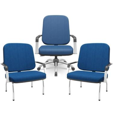 Imagem de Kit Cadeira De Escritório Giratória E 2 Cadeiras Fixas Cromada Magno P03 Crepe Azul - Lyam Decor