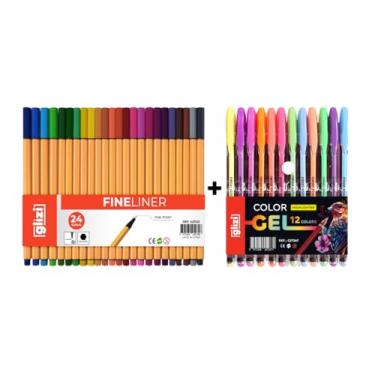 Imagem de Kit Glizi 36 Canetas, 24 Fineliners Ponta Fina 0.4mm + 12 Canetas ColorGel, Tons Pastel ou Neon (24 Cores (Amarela) + 12 Gel Neon)