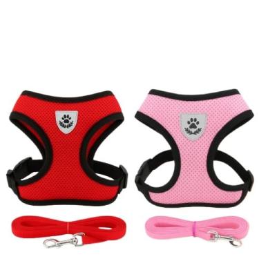 Imagem de Coleira de Malha Flexível com Colete Peitoral Ajustável para Cão Cachorro Gato Animais (1 unid Vermelha + 1 unid Rosa,G)