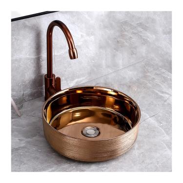 Imagem de Vaso De Banheiro Moderno Escovado Rosed Gold Countertop Bacia Vaso De Cerâmica Pia De Tigela Pia De Banheiro Redonda De Tamanho Pequeno