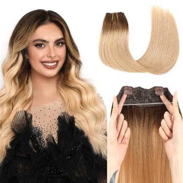 Imagem de Extensões de cabelo Tinashe Halo de cabelo humano liso extensões de cabelo liso marrom chocolate para caramelo loiro fio invisível extensões de cabelo humano liso (46 cm, #T4/27)