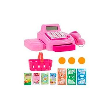 Imagem de Caixa Registradora Infantil Rosa com Calculadora, Cesta de Compras, Scanner e Acessórios, Brinquedo Educativo