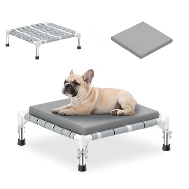 Imagem de Cama elevada elevada para cães ao ar livre - Cama de cachorro levantada para fora com tapete de almofada, cama de rede para cães com moldura de aço inoxidável, cama portátil para animais de estimação