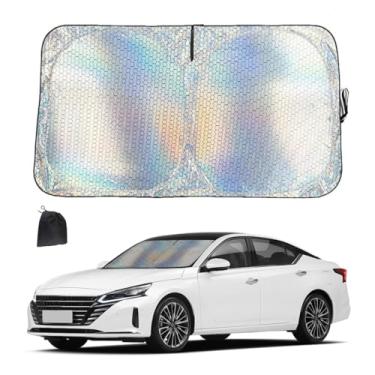 Imagem de DUSCOKE Para-brisa de carro, protetor solar de janela frontal iridescente dobrável para bloquear raios UV e calor, capa universal de proteção de resfriamento interior de veículo para caminhões SUVs