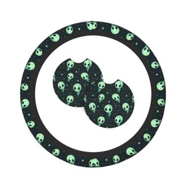 Imagem de Alien Conjunto de 3 peças de decoração de capa de volante com 2 porta-copos, conjunto de interior de carro universal antiderrapante e confortável - serve para volantes de 14,5 a 15 polegadas para