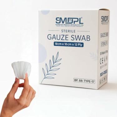 Imagem de Cotonetes de gaze estéreis SMDPL – 10 cm x 10 cm, 12 camadas | Pacote de 10 bolsas com 4 cotonetes cada (total de 40)