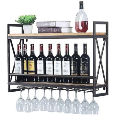 Imagem de Prateleira de vinho montada na parede Farmhouse Prateleira de vinho vintage industrial prateleira de parede de cozinha de 2 camadas com suporte de taças para casa, bar, cozinha, sala de jantar
