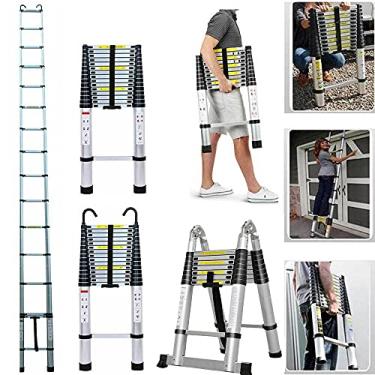 Imagem de OKUOKA Escadas, escada telescópica de alumínio com ganchos removíveis e mecanismo de bloqueio, escadas compactas multiuso para casa, ao ar livre, escada reta de 4,4 m