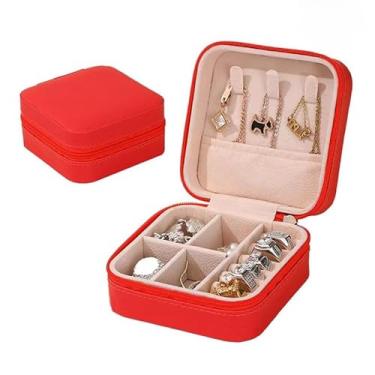 Imagem de Presente Feminino, Porta Joia Caixinha Joias para Viagem Portátil Armazenamento Anel Brinco Colar P, 10x10x5cm(VERMELHO,3 PEÇAS)