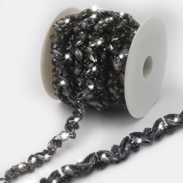 Imagem de PEARLY JUN Corrente de strass de 1 jarda com acabamento em strass preto, tiras de aplique de cristal, joias para festa de casamento, pulseiras artesanais, buquês de noiva, acessórios de enfeite