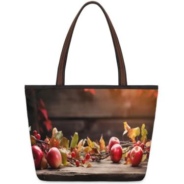 Imagem de Sacola grande para mulheres, frutas, maçã, outono, madeira, tecido de trabalho, bolsas com zíper, reutilizáveis, bolsas de mão casuais, viagens, viagens, trabalho, férias, praia, compras, presentes