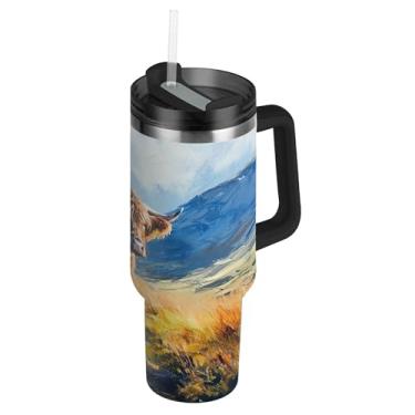 Imagem de SEHANY Copo Highland Cow 1,134 g com tampa e canudo, aço inoxidável de vácuo duplo isolado garrafa de água esportiva suporte para copo de café de viagem à prova de vazamento para bebida gelada