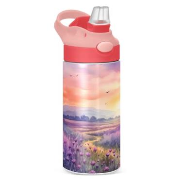 Imagem de Blueangle Garrafa de água isolada de aço inoxidável de 340 g pôr do sol em um campo roxo com tampa de canudo - Garrafa esportiva reutilizável e portátil à prova de vazamento para viagens, ao ar livre