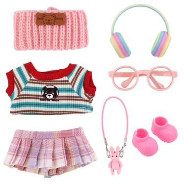 Imagem de 7unid Conjunto de Roupas de Boneca Pelúcia, Roupas Cima Fofas Vestido Arco-Íris Fones Ouvido Chapéu Óculos Bolsa e Sapatos Conjunto Roupa Boneca Estilosas para Vestir e Exibir