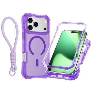 Imagem de Capa transparente com carregamento magnético em PC+TPU para iPhone 17 Pro Max Air 16 15 14 13 12 Plus, com alça de pulso e proteção contra impactos (para iPhone 14 Pro/Violeta)