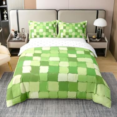 Imagem de jejeloiu Capa de edredom xadrez 100% algodão Queen Size meninos meninas verde xadrez respirável macio abstrato capa de edredom 3 peças geométrico decoração de quarto microfibra fecho de zíper