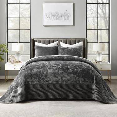 Imagem de AJOCCI Conjunto de edredom de veludo California King Size, tamanho grande, cinza (299 x 269 cm) com 2 fronhas, conjunto de colcha luxuoso, 3 peças para todas as estações