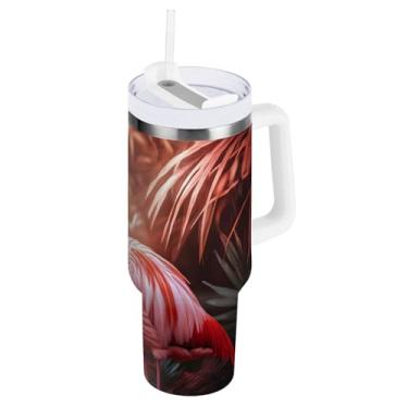 Imagem de WELLDAY Copo de 850 g com alça e tampa de canudo | Caneca de viagem reutilizável com isolamento de flamingo ao anoitecer, garrafa de água de aço inoxidável, mantém frio por 34 horas ou quente por 10