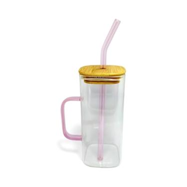 Imagem de Caneca de Vidro com Tampa de Bambu, 350ml, Alça Anatômica de Vidro, Canudo de Vidro, Design Moderno, Para Bebidas Quentes, Transparente - Cores Sortidas (Transparente ou Âmbar) - MBB Shop Mix (Rosa)