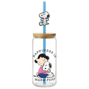 Imagem de Spoontiques Copo Snoopy Happiness com tampa e pingente de palha, vidro decorativo de 567 g - 17 cm de altura, canudo incluído, ideal para bebidas quentes e frias