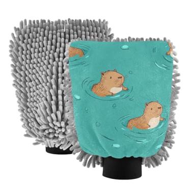 Imagem de STAYTOP Luvas fofas para lavagem de carro capivara de desenho animado, 2 peças, luvas de microfibra de chenille, sem arranhões, panos de esponja de lavagem ultra absorventes para carros, limpeza