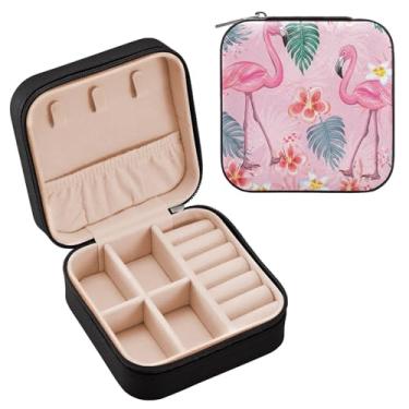 Imagem de YETTASBIN Caixa de joias flamingos para adolescentes, meninas, mulheres, presente de aniversário, Natal, caixa de armazenamento portátil de couro PU, mini estojo de joias de viagem para colar, brincos