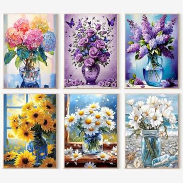 Imagem de igoodom Pacote com 6 vasos de tinta por números para adultos, kit de pintura em tela acrílica DIY de 25 x 35 cm, conjunto de pintura de flores por números para iniciantes e decoração de parede de casa