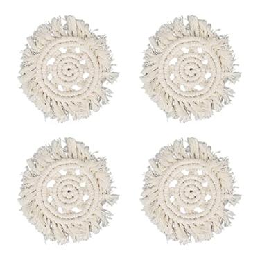 Imagem de CUOFYUNL 4 unidades de porta-copos de algodão macio leve cor sólida redondo tapete trançado anti-escaldamento com borla para batom pote tigela xícara de café (Branca)