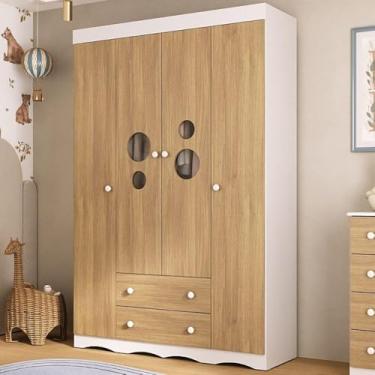 Imagem de Guarda-roupa Infantil 122cm com Vidro 4 Portas e 2 Gavetas Sonho Multimóveis Mp4473 Branco/madeirado