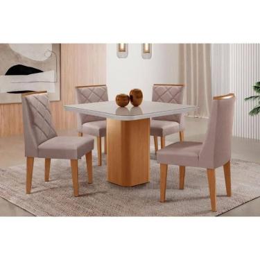 Imagem de Sala Jantar Mesa Maldivas Tampo c/ Vidro Curvo 90cm+4 Cadeiras Pietá Madeira Naturale/Off White - Capuccino/Linho Capuccino - Rufato
