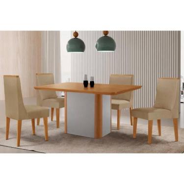 Imagem de Sala Jantar Mesa Pietá Tampo Curvo 120cm+4 Cadeiras Dakota Madeira Naturale/Off White - Capuccino/Linho Bege - Rufato