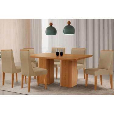 Imagem de Sala Jantar Mesa Maldivas Tampo Curvo 180cm+6 Cadeiras Dakota Madeira Naturale - Capuccino/Linho Bege - Rufato