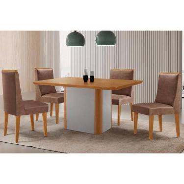 Imagem de Sala Jantar Mesa Pietá Tampo Curvo 120cm+4 Cadeiras Dakota Madeira Naturale/Off White - Capuccino/Corano Capuccino - Rufato