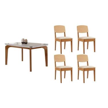 Imagem de Sala Jantar Mesa Londrina Tampo c/ Vidro Curvo 120cm+4 Cadeiras Havana Naturale/Off White - Suede Creme - Rufato