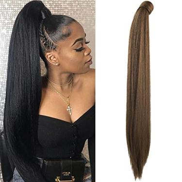 Imagem de Grampo de extensão de rabo de cavalo longo e reto em volta do rabo de cavalo extensões de cabelo sintético macio natural para mulheres 71 cm castanho médio com castanho avermelhado médio