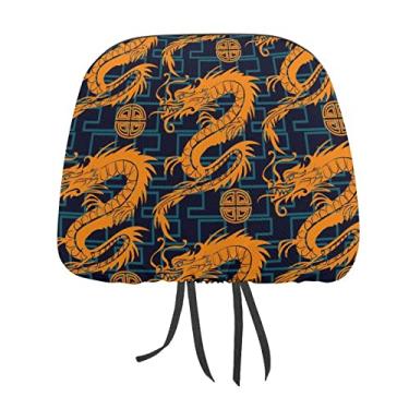 Imagem de Dragões laranja sem costura em linhas geométricas azuis fundo escuro 1 peça capa protetora universal para assento de carro, capa macia para encosto de cabeça de carro, acessórios de decoração para a